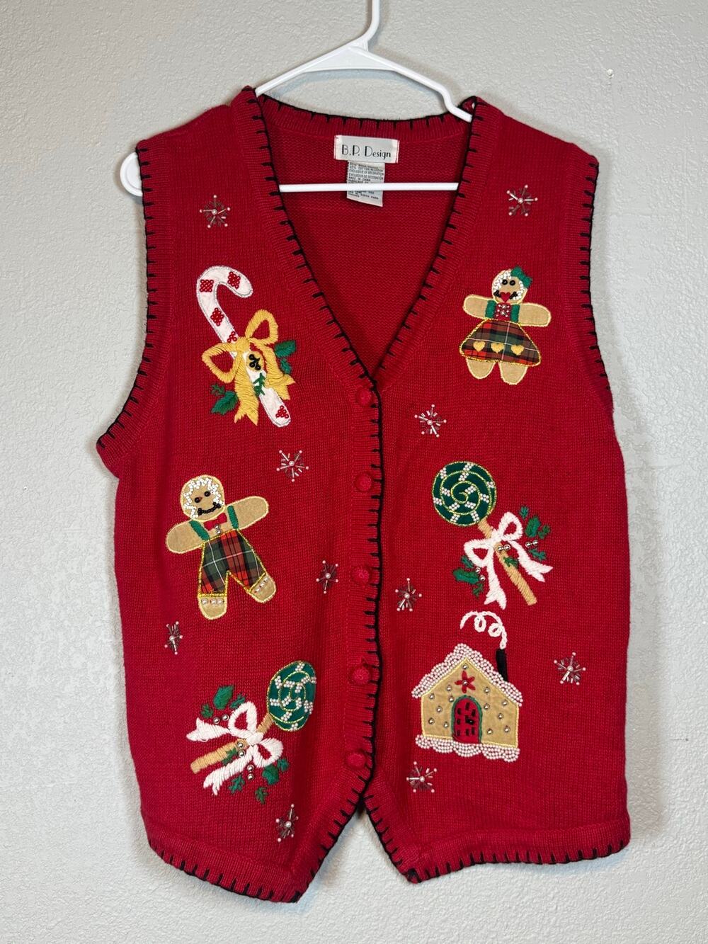 Vintage Red Christmas Cookie Sweater Vest Womens Large Ramie Cotton Holiday